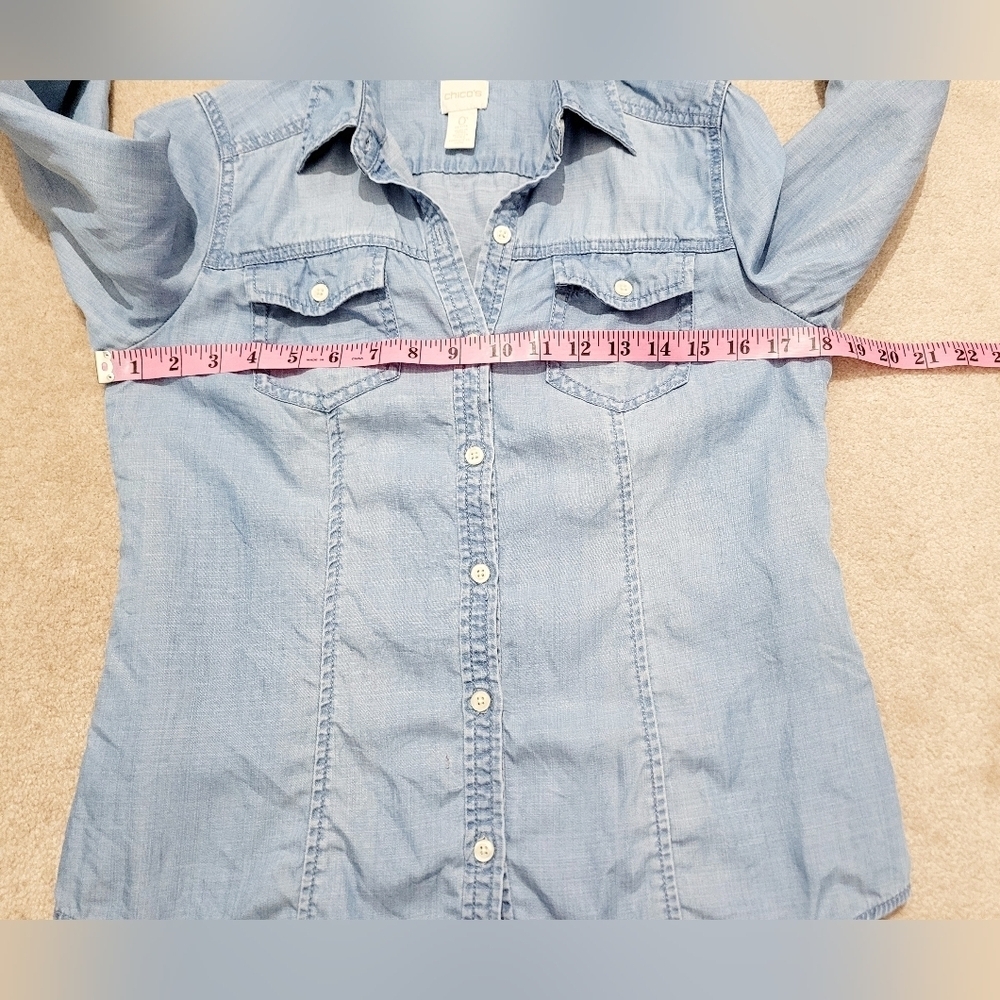 Chico’s Woman's Chambray Button Front Shirt Size Small Light Wash Denim Top - Picture 10 of 14